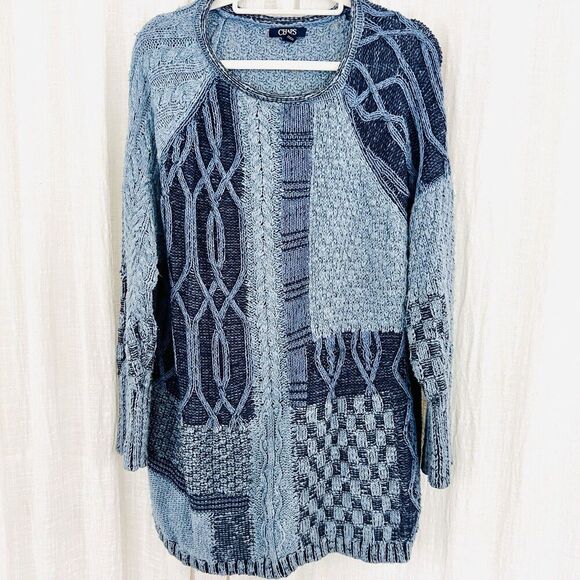 Chaps Blue Knitted Cozy Patchwork Oversize Stretchy Sweater Womens Plus 2X - Picture 1 of 8
